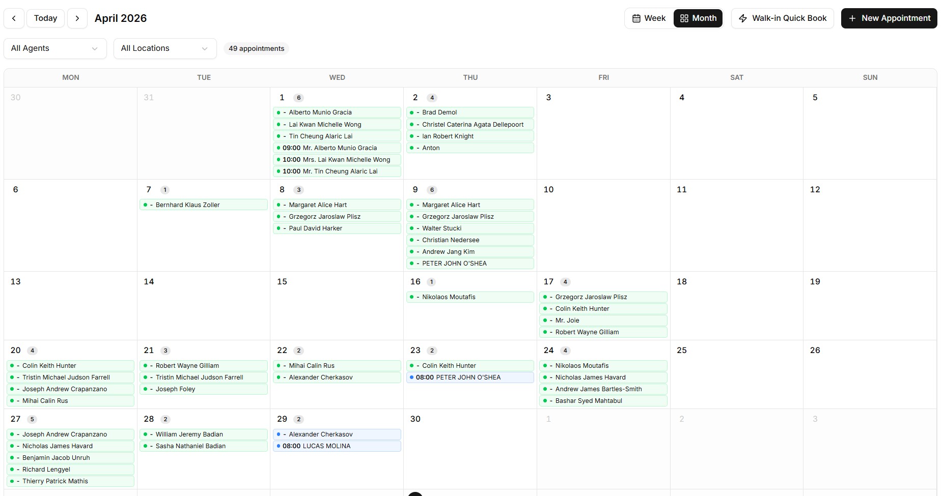 TDL-Service April 2026 calendar — 49 booked appointments, named buyers across every weekday of the month.